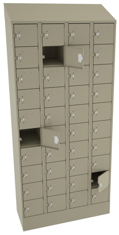 A large beige locker unit with multiple small compartments, some of which are open. The unit has three columns and several rows, designed for individual storage.