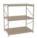 A three-tier metal shelving unit with evenly spaced horizontal slats. The frame is supported by vertical beams, each reinforced with diagonal crossbars for stability. The shelves are empty and the structure has a light gray finish.