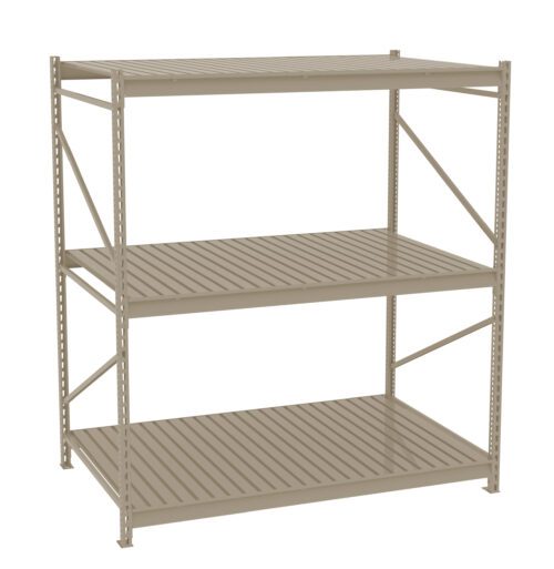 jbezzcwxok2xtrgcmscz.jpg A three-tier metal shelving unit with evenly spaced horizontal slats. The frame is supported by vertical beams, each reinforced with diagonal crossbars for stability. The shelves are empty and the structure has a light gray finish.