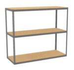 This Tennsco Q Line Shelving unit features a three-tier metal frame with perforated sides for adjustable shelf height. The dark grey frame complements the light wood shelves, offering a simple, utilitarian design ideal for any space.