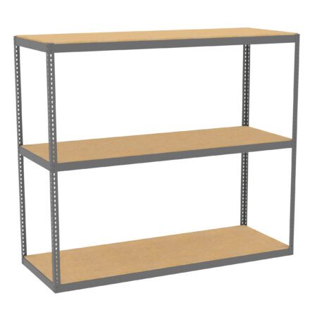 This Tennsco Q Line Shelving unit features a three-tier metal frame with perforated sides for adjustable shelf height. The dark grey frame complements the light wood shelves, offering a simple, utilitarian design ideal for any space.