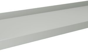 A gray, rectangular metal shelf with raised edges on three sides is shown against a plain white background.