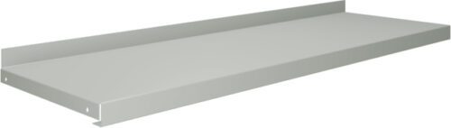 A gray, rectangular metal shelf with raised edges on three sides is shown against a plain white background.