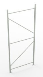 A gray metal shelving frame with vertical posts, diagonal support bars, and perforations for adjustable shelving. The frame is standing upright against a plain white background.