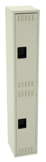 A tall metal locker with two compartments, each featuring a rectangular black handle. The locker is beige with vents on the doors for airflow.
