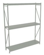 A large, empty, metal shelving unit with three levels and a light gray finish. It features a sturdy frame with vertical and horizontal supports, set against a white background.