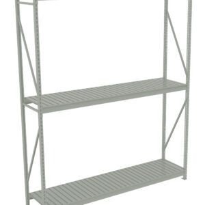 A large, empty, metal shelving unit with three levels and a light gray finish. It features a sturdy frame with vertical and horizontal supports, set against a white background.