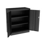 Black metal storage cabinet with two open doors. It contains three adjustable shelves. The cabinet has a sleek, modern design suitable for various storage needs in home or office settings.