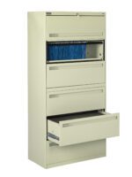 A beige metal filing cabinet with five drawers. The top drawer is open, revealing blue hanging file folders, while the second drawer is partially open, and the other drawers are closed. A lock is visible at the top.
