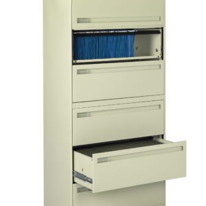 A beige metal filing cabinet with five drawers. The top drawer is open, revealing blue hanging file folders, while the second drawer is partially open, and the other drawers are closed. A lock is visible at the top.
