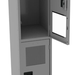 A tall, gray metal locker with two compartments. The top door is open, revealing an empty space, while the bottom door is closed. Each door has rectangular windows and handles. The locker stands on four legs.