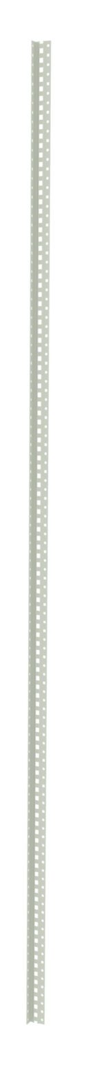 A vertical, narrow, light gray metal strip with evenly spaced rectangular cutouts along its length.