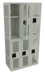 A metal locker unit featuring six vented compartments with a lattice design. Each compartment has a black latch for securing the doors. The upper left locker is open, displaying an empty shelf inside. The lockers are light gray.