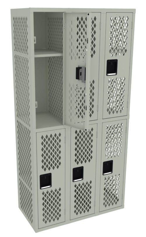 A metal locker unit featuring six vented compartments with a lattice design. Each compartment has a black latch for securing the doors. The upper left locker is open, displaying an empty shelf inside. The lockers are light gray.