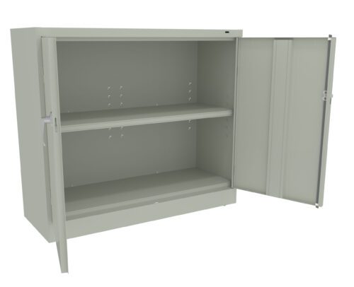 Open metal cabinet with two shelves and double doors slightly ajar. The cabinet is light gray, with a smooth surface and a simple design. The shelves appear adjustable, with visible peg holes along the sides.