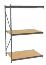A freestanding metal shelving unit with three wooden shelves. The frame is constructed from gray metal, and the shelves appear sturdy, suitable for storing or organizing items. The unit is viewed from a slight angle, highlighting its structure.