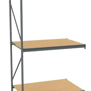 A freestanding metal shelving unit with three wooden shelves. The frame is constructed from gray metal, and the shelves appear sturdy, suitable for storing or organizing items. The unit is viewed from a slight angle, highlighting its structure.