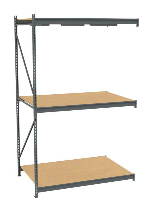 A freestanding metal shelving unit with three wooden shelves. The frame is constructed from gray metal, and the shelves appear sturdy, suitable for storing or organizing items. The unit is viewed from a slight angle, highlighting its structure.