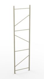 A tall, narrow, light gray metal shelving frame with multiple horizontal and diagonal support bars. The frame is set against a plain white background.
