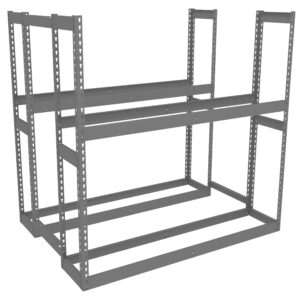 A set of empty, industrial-style gray metal shelving units with multiple horizontal bars and vertical supports. The shelving units are positioned side by side on a white background.