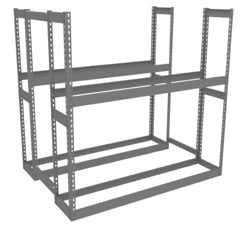 A set of empty, industrial-style gray metal shelving units with multiple horizontal bars and vertical supports. The shelving units are positioned side by side on a white background.