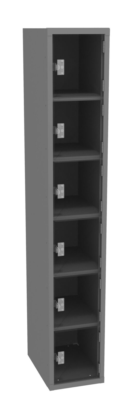 jdr2nr40dhtun00s4az2.jpg Gray metal locker with six spacious compartments, each with a latch for securing the doors. The locker has a simple, industrial design suitable for storing personal items or equipment. The door is open, revealing the interior shelves.