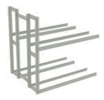 Metal warehouse racking frame with multiple horizontal beams extending from vertical posts, designed for shelving or storage purposes. The structure is empty, showcasing its potential for organizing materials or goods.