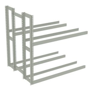 Metal warehouse racking frame with multiple horizontal beams extending from vertical posts, designed for shelving or storage purposes. The structure is empty, showcasing its potential for organizing materials or goods.