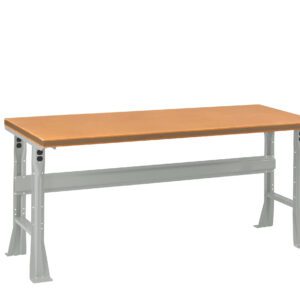 A simple workbench with a wooden tabletop and sturdy metal legs. The metal frame is gray and features adjustable height settings. The bench has a clean and minimalistic design, suitable for various tasks or projects.