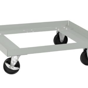 A gray metal dolly with four swivel casters, designed for moving heavy items. The dolly has an open square frame with a minimalist design. The wheels are black and appear sturdy.