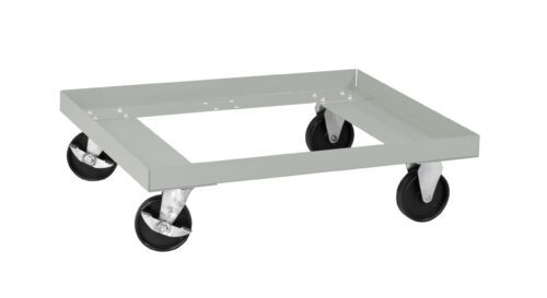 jeop9o69ziksj2xu2mhp.jpg A gray metal dolly with four swivel casters, designed for moving heavy items. The dolly has an open square frame with a minimalist design. The wheels are black and appear sturdy.