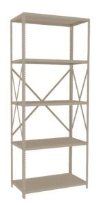 A tall, beige metal storage shelf with five levels. Each shelf is evenly spaced, and the unit has cross-bracing on the back for support. The shelving appears sturdy and is set against a white background.