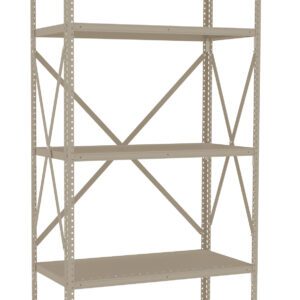 A tall, beige metal storage shelf with five levels. Each shelf is evenly spaced, and the unit has cross-bracing on the back for support. The shelving appears sturdy and is set against a white background.