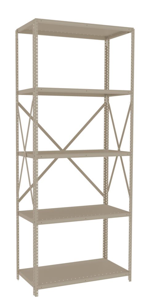 A tall, beige metal storage shelf with five levels. Each shelf is evenly spaced, and the unit has cross-bracing on the back for support. The shelving appears sturdy and is set against a white background.