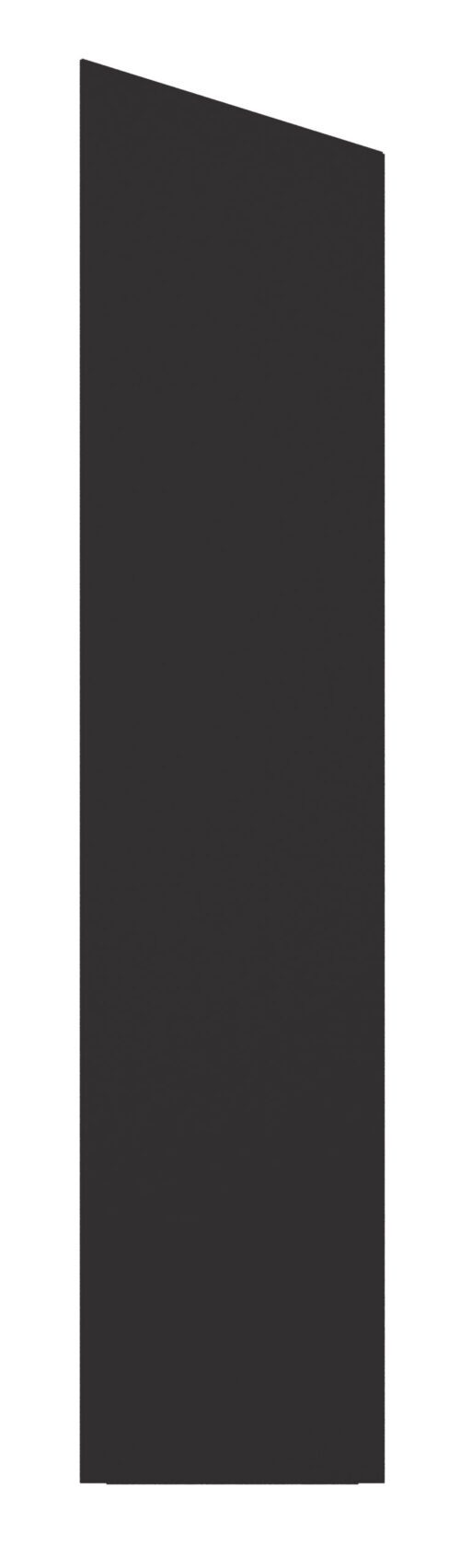 A tall, black, rectangular monolith stands against a white background. Its surface appears smooth with a subtle gradient, slightly darker at the bottom and lighter toward the top. The monolith is slightly tilted to the right.