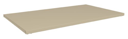 jfmklzk4eorfoinhmkek.jpg A beige metal shelf with a rectangular shape and a smooth surface, viewed at an angle, against a white background.