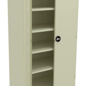 A beige metal storage cabinet with five shelves is shown with the door slightly open, revealing the interior storage space.