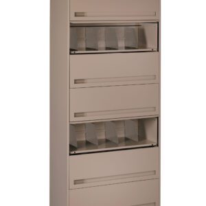 A tall, beige metal filing cabinet with five drawers. Some drawers have clear slots holding dividers, and one drawer at the top is slightly open, revealing a key lock. The cabinet stands against a plain white background.