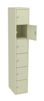 A tall, beige storage locker with six compartments. The second compartment from the top is open, revealing an empty space inside. The locker has identical locks on each compartments door.