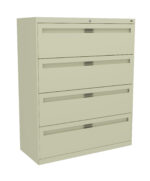 A beige, four-drawer filing cabinet with sleek, horizontal handles is pictured. The cabinet has a lock on top, and its design is minimalist, emphasizing practical storage for office or home use.
