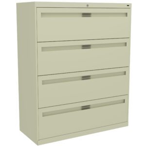 A beige, four-drawer filing cabinet with sleek, horizontal handles is pictured. The cabinet has a lock on top, and its design is minimalist, emphasizing practical storage for office or home use.
