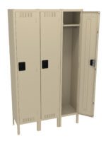 A beige metal locker unit with three vertical compartments, the middle compartment is open, revealing an empty interior with a hanger bar. The other two compartments are closed. The lockers have black handles and ventilation slots.