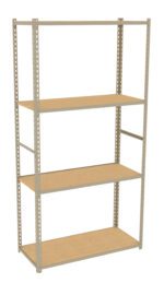 A freestanding metal shelving unit with four adjustable wooden shelves. The frame is light grey, and the shelves are a natural wood color.