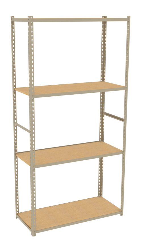 A freestanding metal shelving unit with four adjustable wooden shelves. The frame is light grey, and the shelves are a natural wood color.