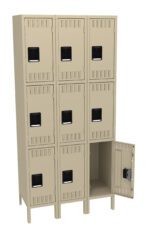 A beige metal locker unit with three columns and three rows, totaling nine compartments. The bottom right locker door is open, showing the empty interior. Each locker door has a black handle.
