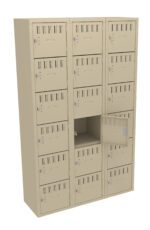 A beige metal locker with fifteen compartments arranged in three columns and five rows. One compartment in the middle row is open, revealing an empty interior. Each door has ventilation slits and a lock mechanism.