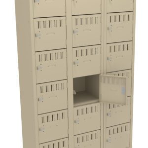 A beige metal locker with fifteen compartments arranged in three columns and five rows. One compartment in the middle row is open, revealing an empty interior. Each door has ventilation slits and a lock mechanism.