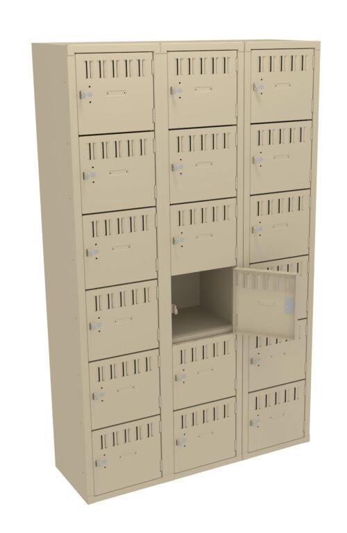 A beige metal locker with fifteen compartments arranged in three columns and five rows. One compartment in the middle row is open, revealing an empty interior. Each door has ventilation slits and a lock mechanism.