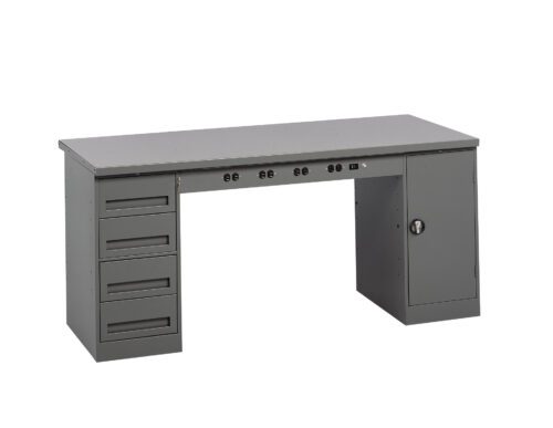 jgqeqnhu7trfcwbxwzbv.jpg A long, gray utility workbench with multiple storage options. It features four drawers on the left, a lockable cabinet on the right, and several power outlets with USB ports mounted under the tabletop.