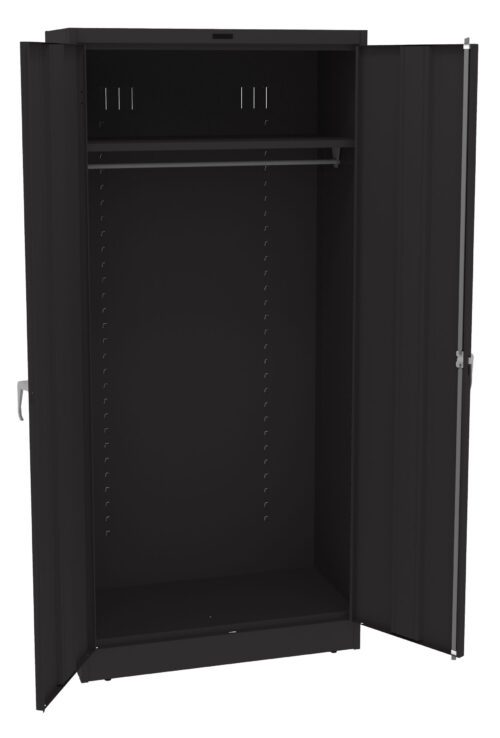 A black metal wardrobe with two open doors, displaying an empty interior. It features a horizontal hanging rod near the top and multiple vertical slits on the sides for customizable shelving options.